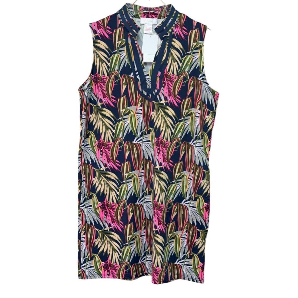 Stella Parker UPF 50 Blue Jay Navy Tropical Sleeveless Dress NWT Large